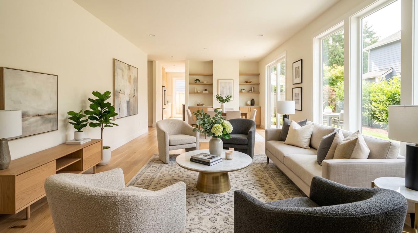 A professionally staged living room with clear pathways and neutral decor to attract home buyers in Lawrence, MA.